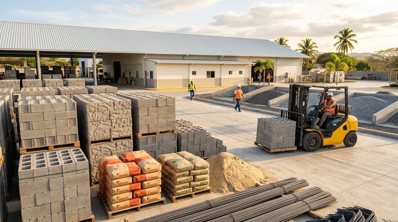 Depósito de Materiales de Construcción "EL CUBANO" — bloques, sacos de cemento Holcim, arena, varilla y montacargas operando en el patio